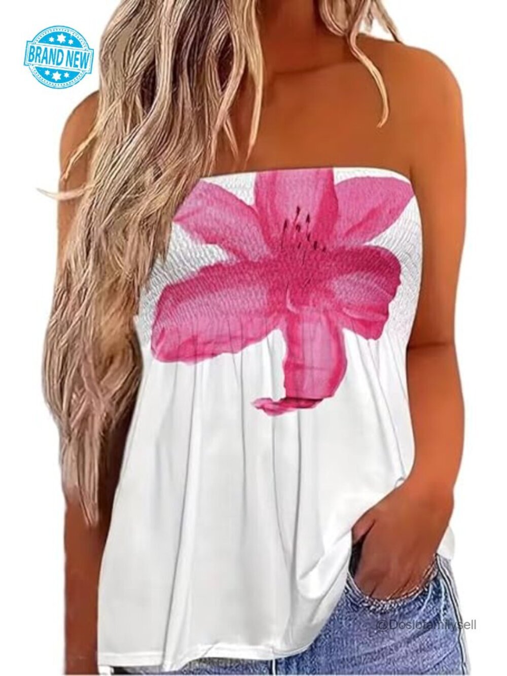 Vintage Elastic Trim Strapless Tube Summer Top Sleeveless Patchwork Print Blouse